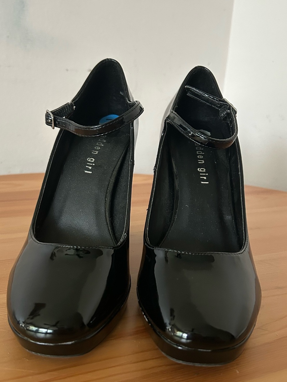 Black Patent Mary Jane Heels with Ankle Strap